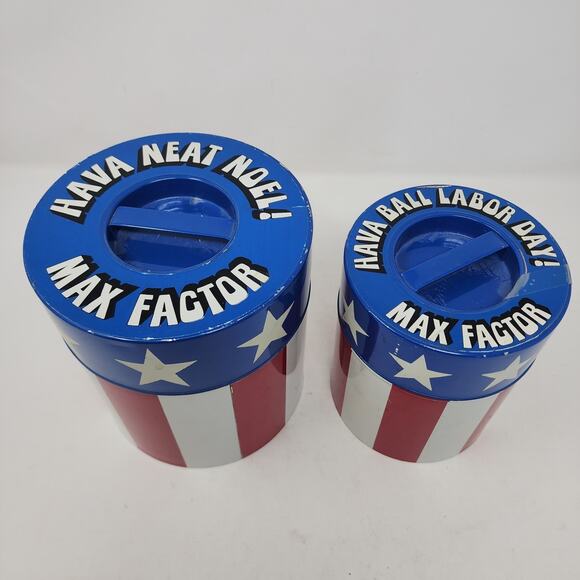Vintage JAPAN American Flag Tins (2) Max Factor Containers Labor Day, Noel - Picture 2 of 11